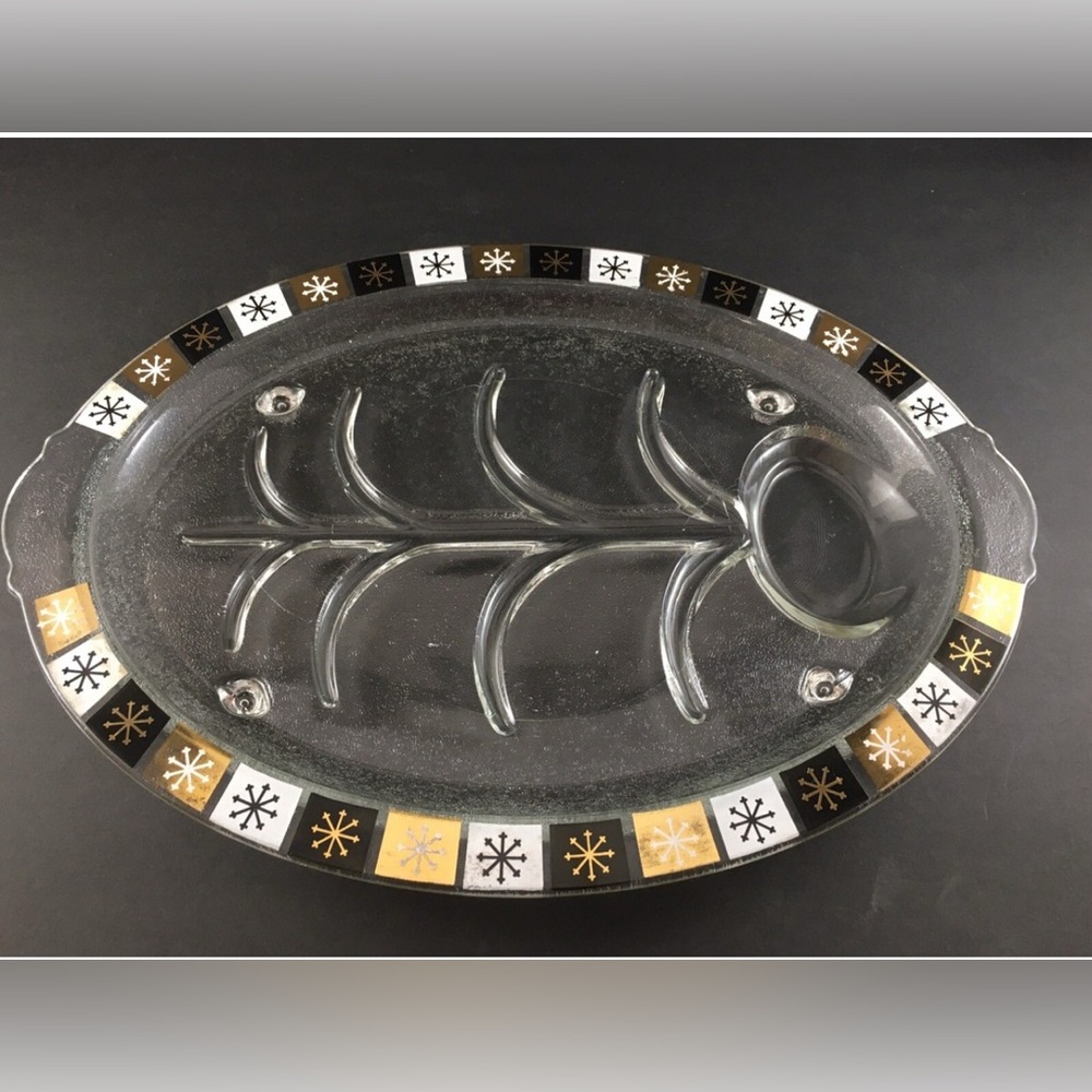 Vintage Garland Clear Footed Glass Serving Platter Federal Black White Gold Star